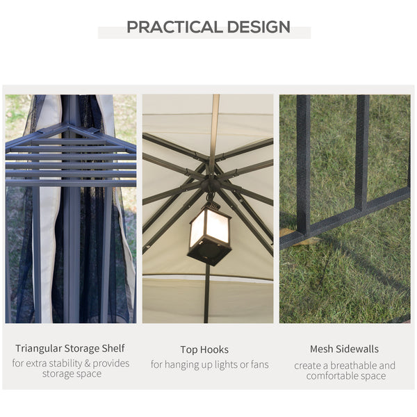 10'x10' Soft Top Patio Gazebo with Two-Tier Roof, Mesh Curtains, Display Shelves, Top Hooks, Cream Color