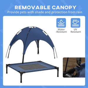 Cooling elevated dog bed with canopy, dark blue