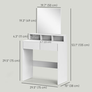 Dressing table with mirror, drawers and compartments, white