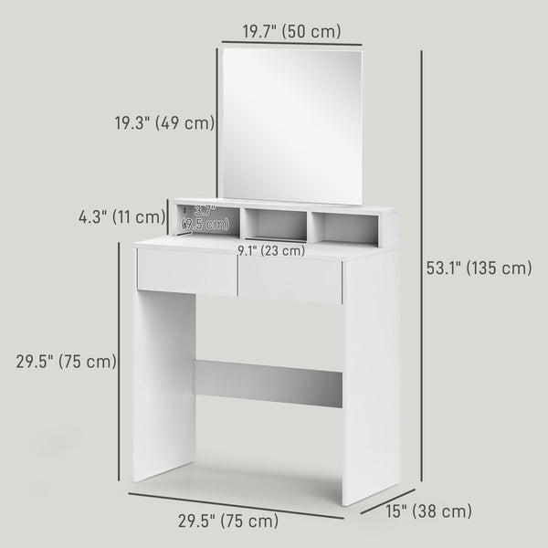 Dressing table with mirror, drawers and compartments, white