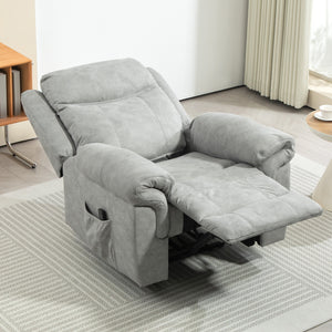 Manual reclining chair with vibration massage, side pockets, in grey microfiber