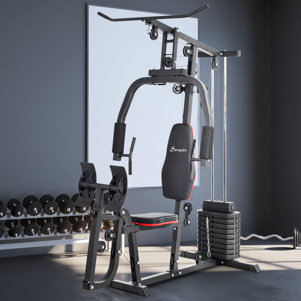 Multi-function strength training machine for lat pulldowns and leg exercises