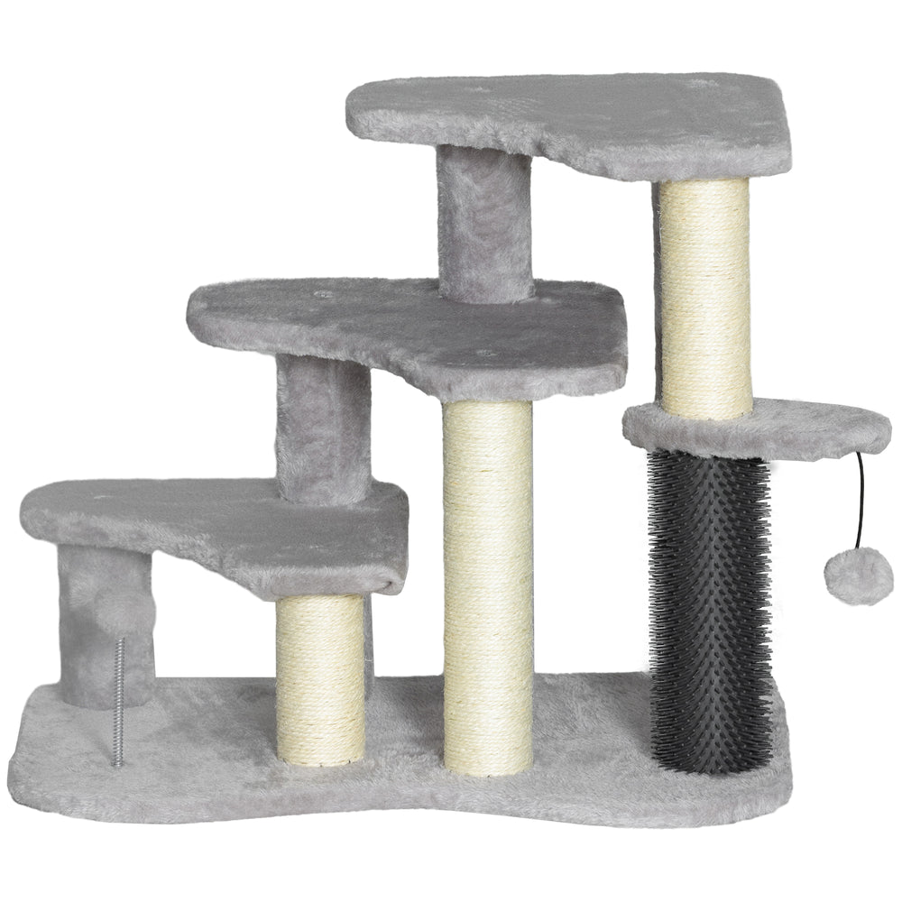 Cat tree with stairs and scratching post, light grey