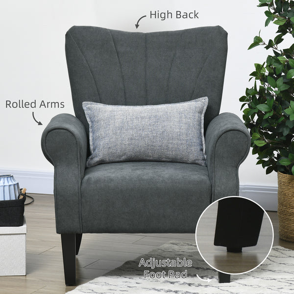 Modern fabric accent chair with wooden legs, dark gray