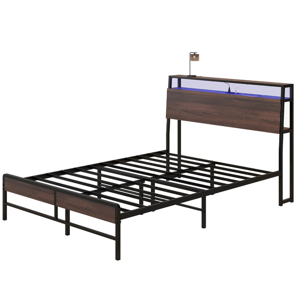 Double bed frame with LED lighting and charging station, walnut