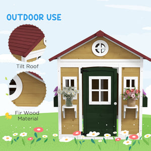 Outdoor wooden playhouse with door, windows, flower pots and boxes