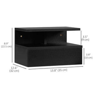 Set of 2 wall-mounted bedside tables with drawer and shelf, black