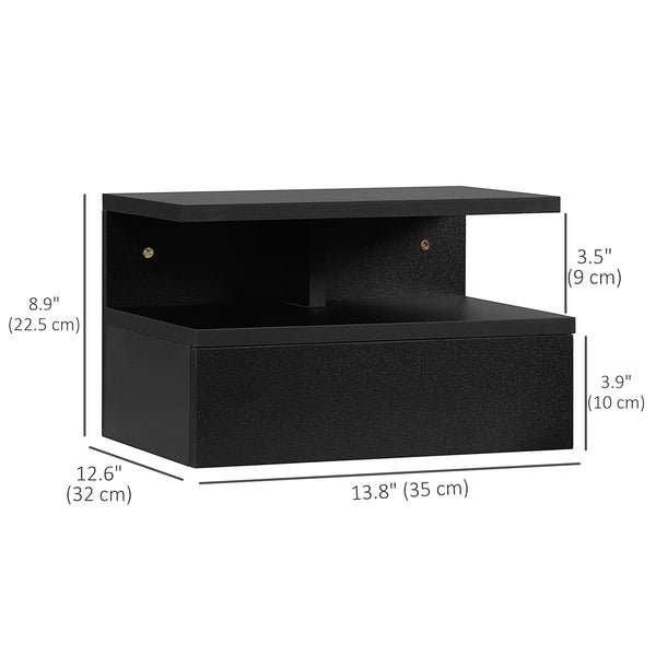 Set of 2 wall-mounted bedside tables with drawer and shelf, black