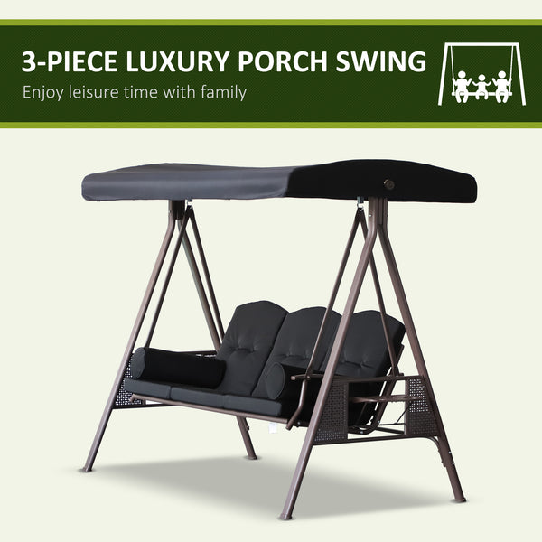 Swing chair for 3 people with steel canopy, black