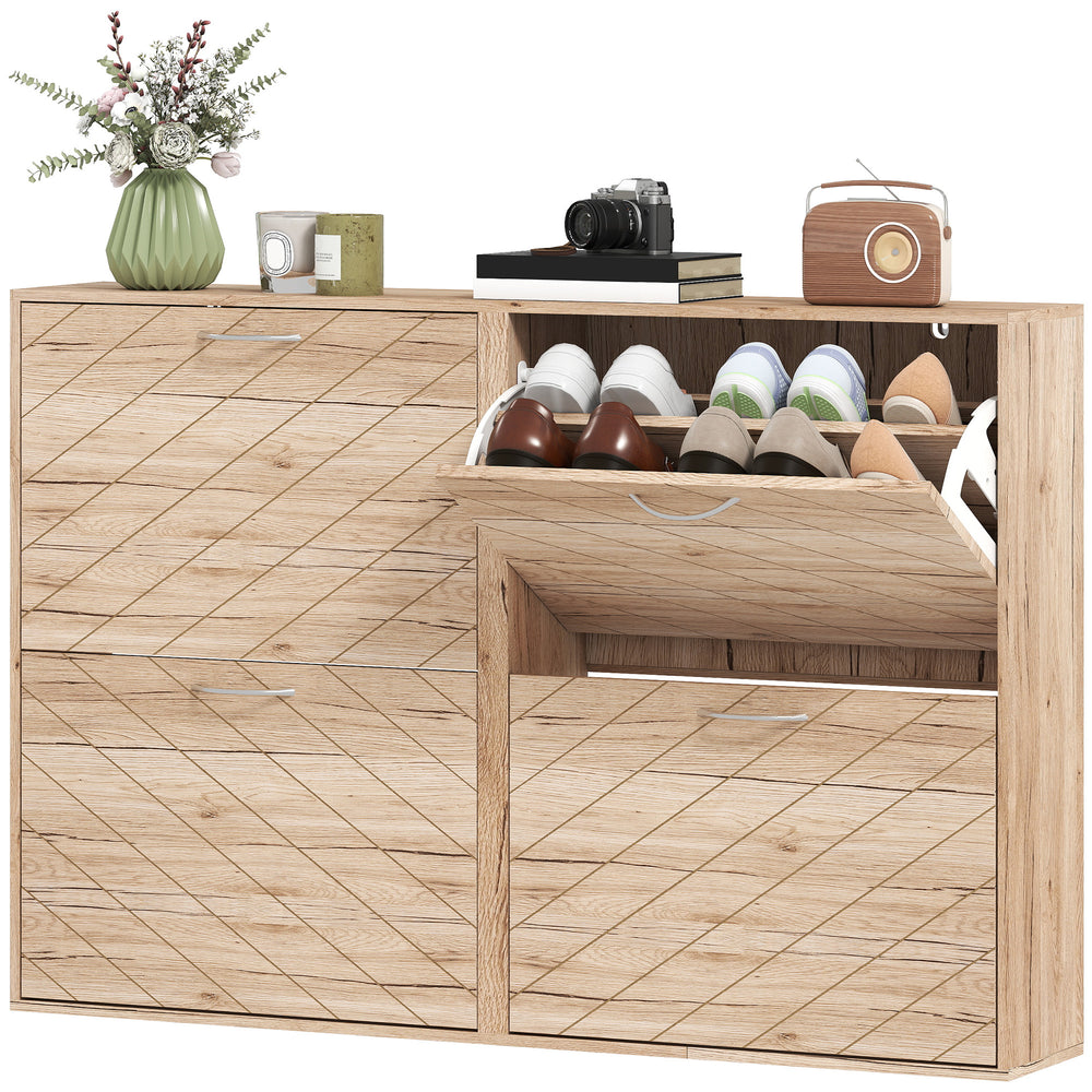 Shoe cabinet with 4 drop-down drawers for 12 pairs of shoes, oak color.