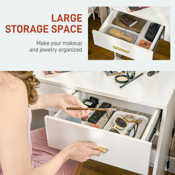 Dressing table with stool, LED illuminated mirror and drawers, white