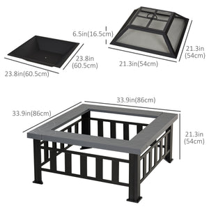 34" Square Portable Steel Wood Burning Fire Pit with Spark Guard, Black 