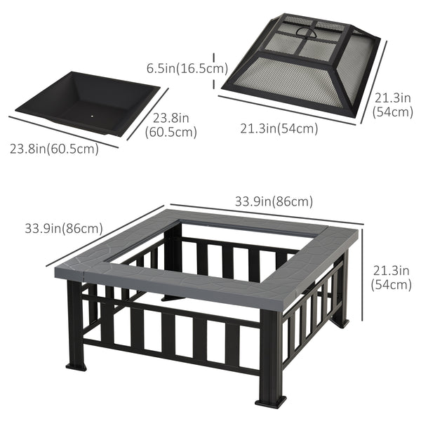 34" Square Portable Steel Wood Burning Fire Pit with Spark Guard, Black 
