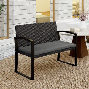 Two-seater outdoor rattan bench with cushion, grey