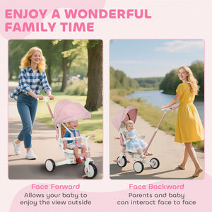 7 in 1 Tricycle with Safety Harness, Adjustable and Removable Parental Handle, Pink