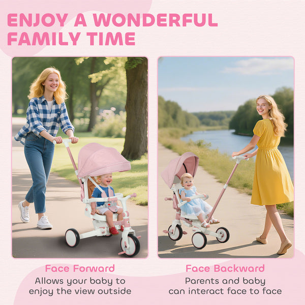 7 in 1 Tricycle with Safety Harness, Adjustable and Removable Parental Handle, Pink