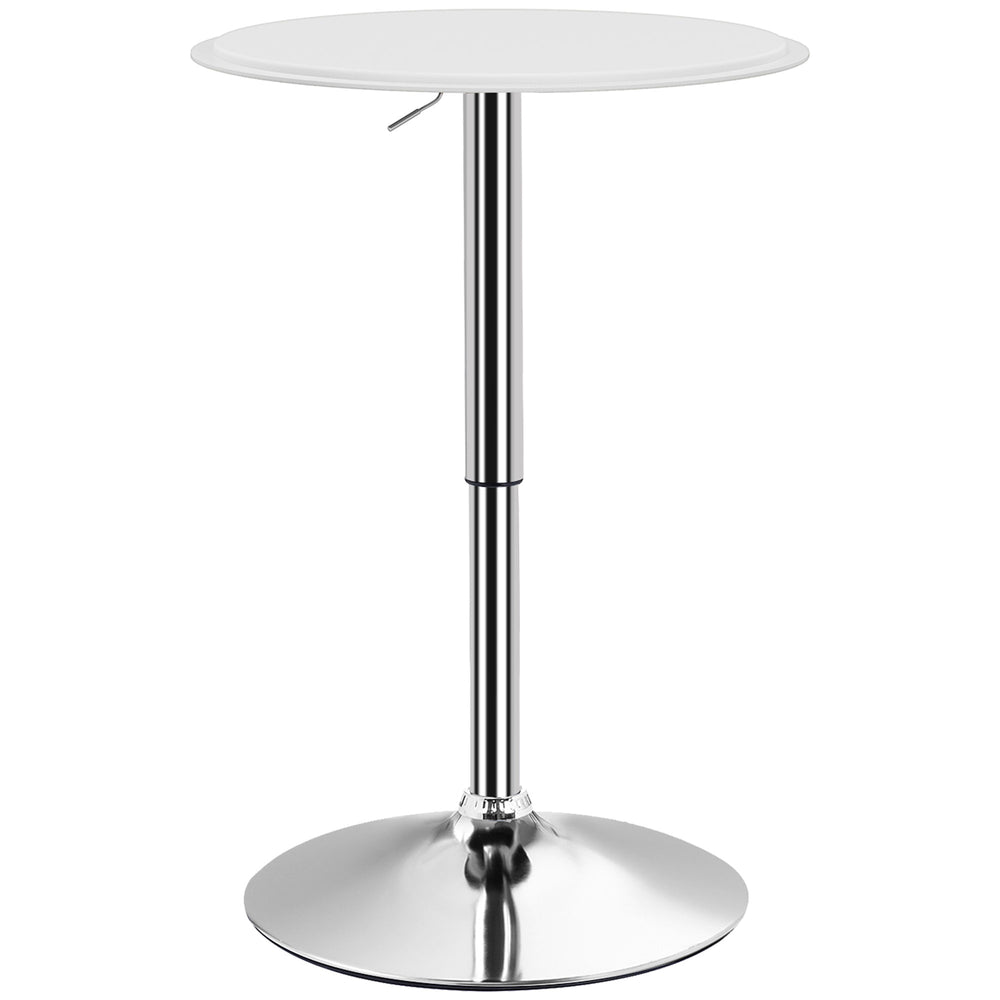 Modern round bar table with a wooden top covered in faux leather, white
