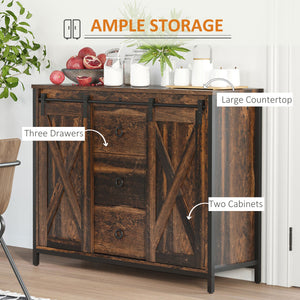 Industrial buffet with sliding barn doors, three drawers, and adjustable shelves, rustic brown