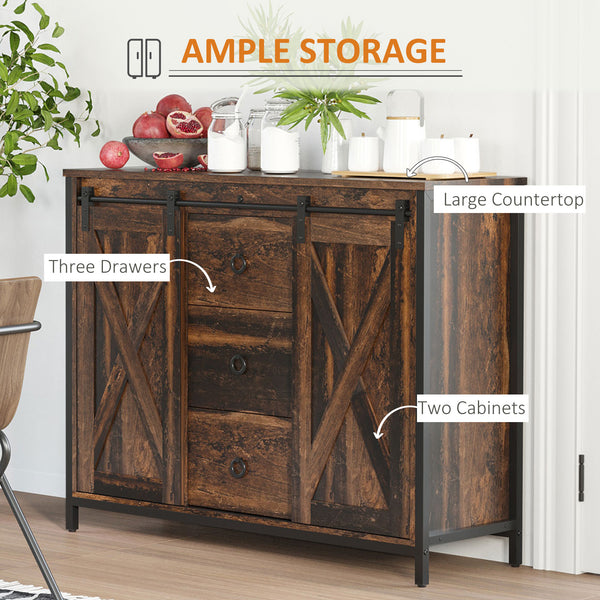 Industrial buffet with sliding barn doors, three drawers, and adjustable shelves, rustic brown