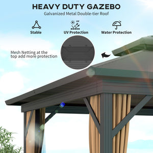 10' x 12' Hardtop Gazebo, Sun Shelter with Two-Tier Metal Roof, Mosquito Netting and Hanging Hook, Dark Brown