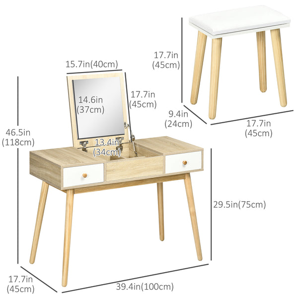 Dressing table with folding mirror and padded stool, natural