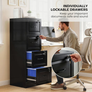 4-drawer vertical filing cabinet with lock, equipped with adjustable hanging rails for A4 and Letter sizes, black.