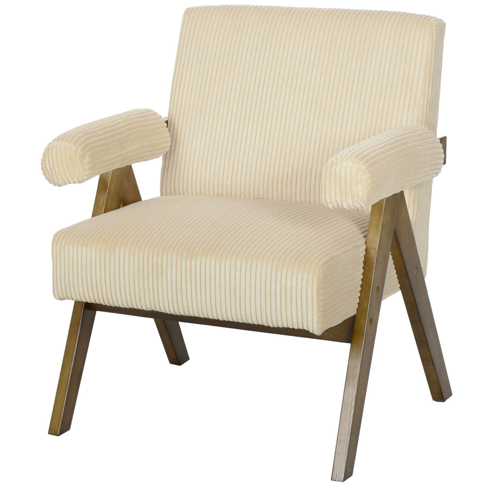 Corduroy accent chair with wide seat and padded armrests, beige