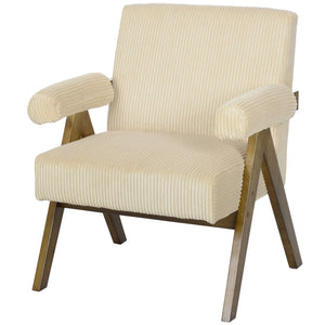Corduroy accent chair with wide seat and padded armrests, beige