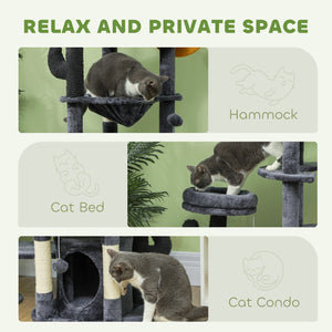 71" Cat Tree with Scratching Posts, Sisal Mat, Condo, Bed, Hammock, Play Balls, Dark Grey
