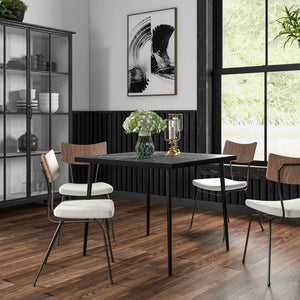 Outdoor dining table with tempered glass top with marble effect, black