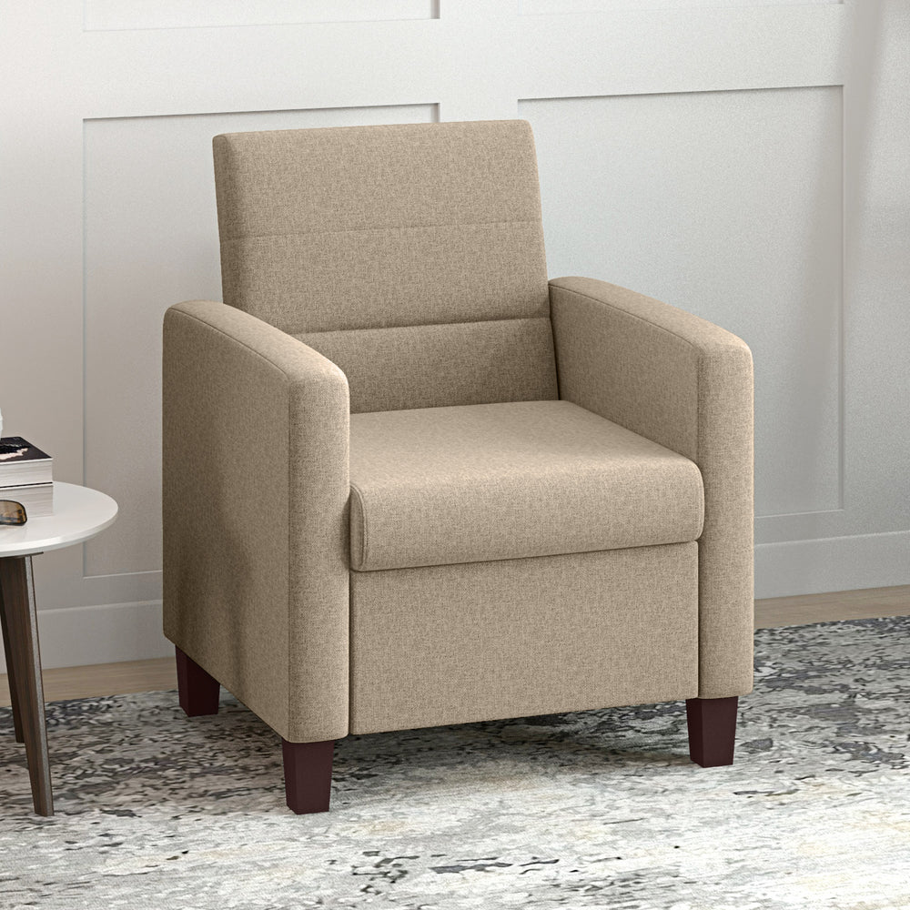 Fabric armchair with seat cushion and non-slip glides, light brown