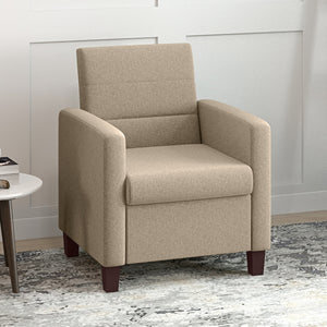 Fabric armchair with seat cushion and non-slip glides, light brown