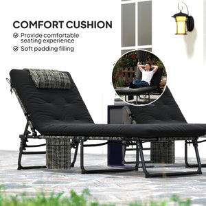 Set of 2 tanning chairs with cushion, side pocket, headrest, black