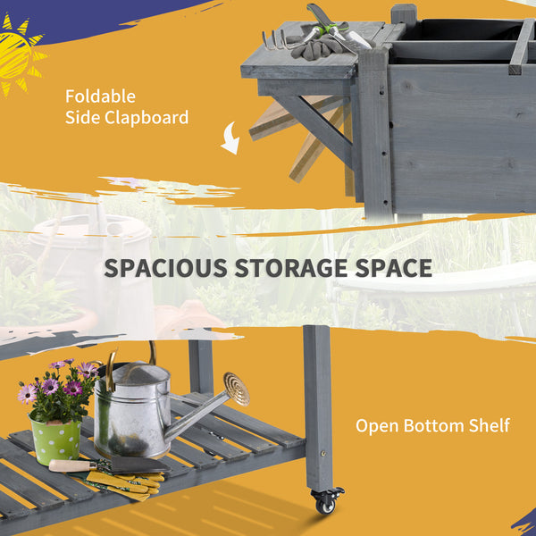 Raised garden bed with 8 compartments and storage shelf, grey
