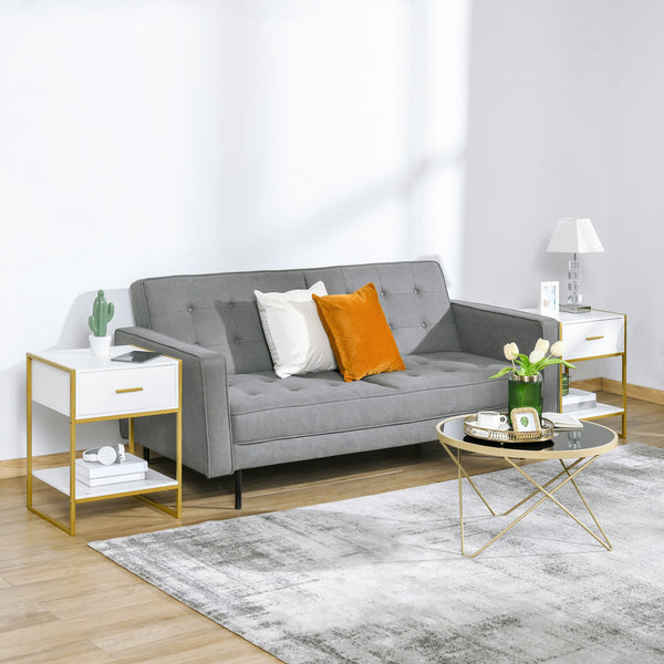 Set of 2 modern bedside tables with drawer and shelf, white and gold