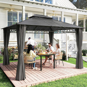 10' x 12' gazebo with double rigid roof, polycarbonate roof, steel frame, mosquito netting and curtains