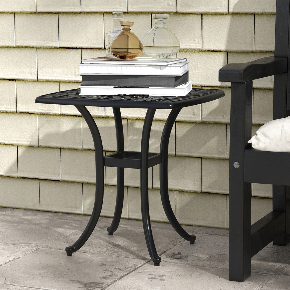 21" Square Outdoor End Table, Cast Aluminum Patio Side Table with Umbrella Hole for Garden, Balcony, Poolside, Black