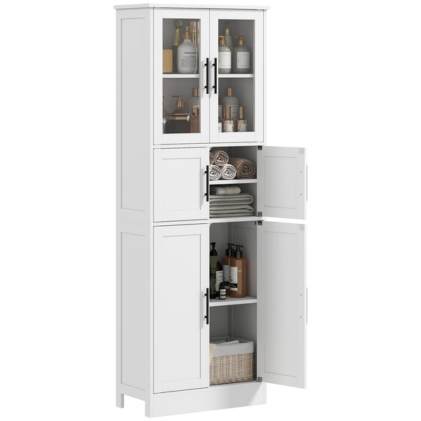 Bathroom storage cabinet with glass doors and adjustable shelves, white