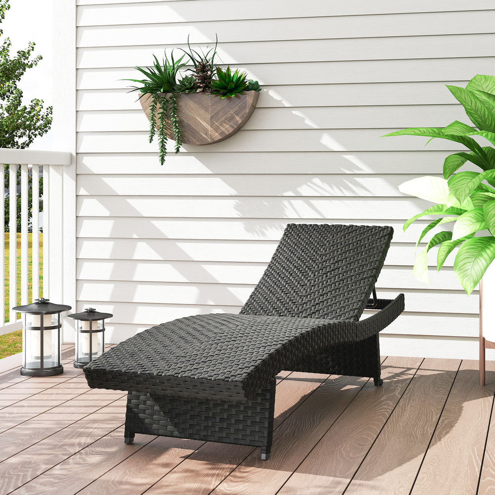 Folding wicker chaise lounge with 4-position adjustable backrest, black 