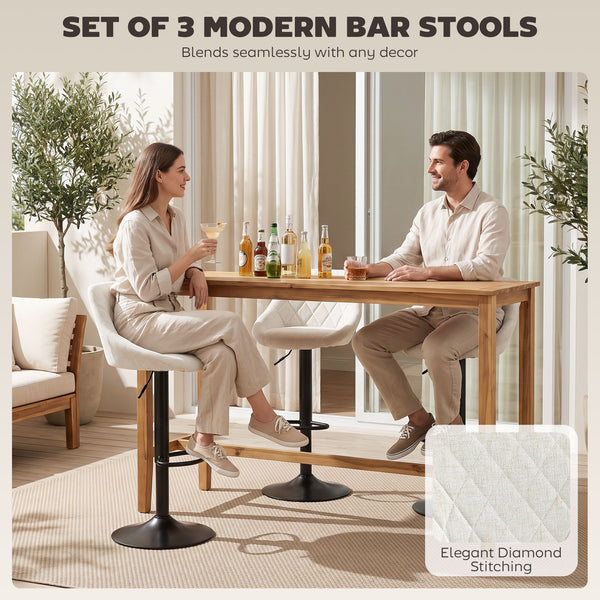 Set of 3 adjustable swivel bar stools with cushioned backrest, white
