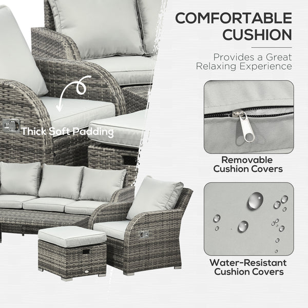 6 Pieces Patio Furniture Set, Conversation Set Wicker Sectional Set Cushioned Outdoor Rattan 3-Seat Sofa, 2 Adjustable Recliners, 2 Footstools & Table Set for Lawn Garden Backyard, Light Grey