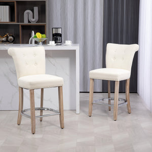 Set of 2 padded bar stools with tufted backrest, cream white