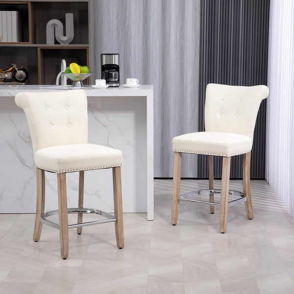 Set of 2 padded bar stools with tufted backrest, cream white
