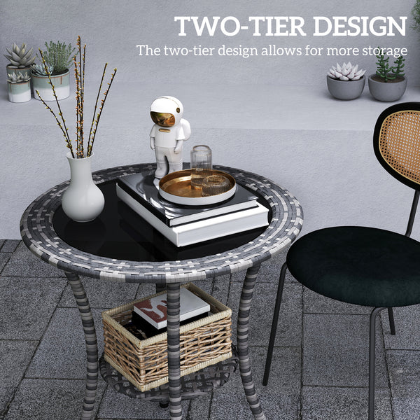 Outdoor rattan dining table with 2-tier storage shelf, grey