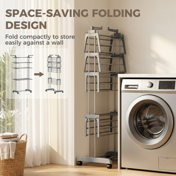 5-tier foldable clothes drying rack on wheels, grey