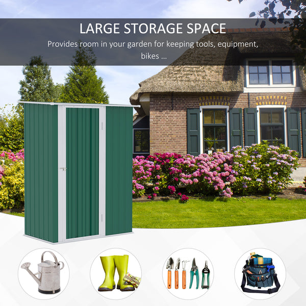 Metal garden shed with sloping roof and lockable door for tools, green