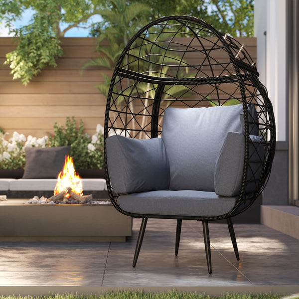Rattan egg chair with cushions and cup holder, grey