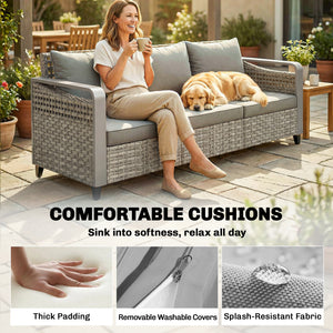 3-seater outdoor braided rattan sofa with cushions, grey
