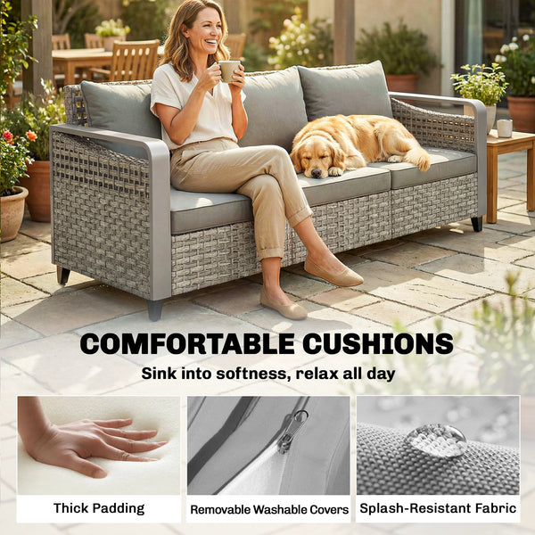 3-seater outdoor braided rattan sofa with cushions, grey