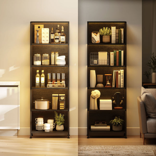 5-tier bookcase with LED lighting and black metal frame.